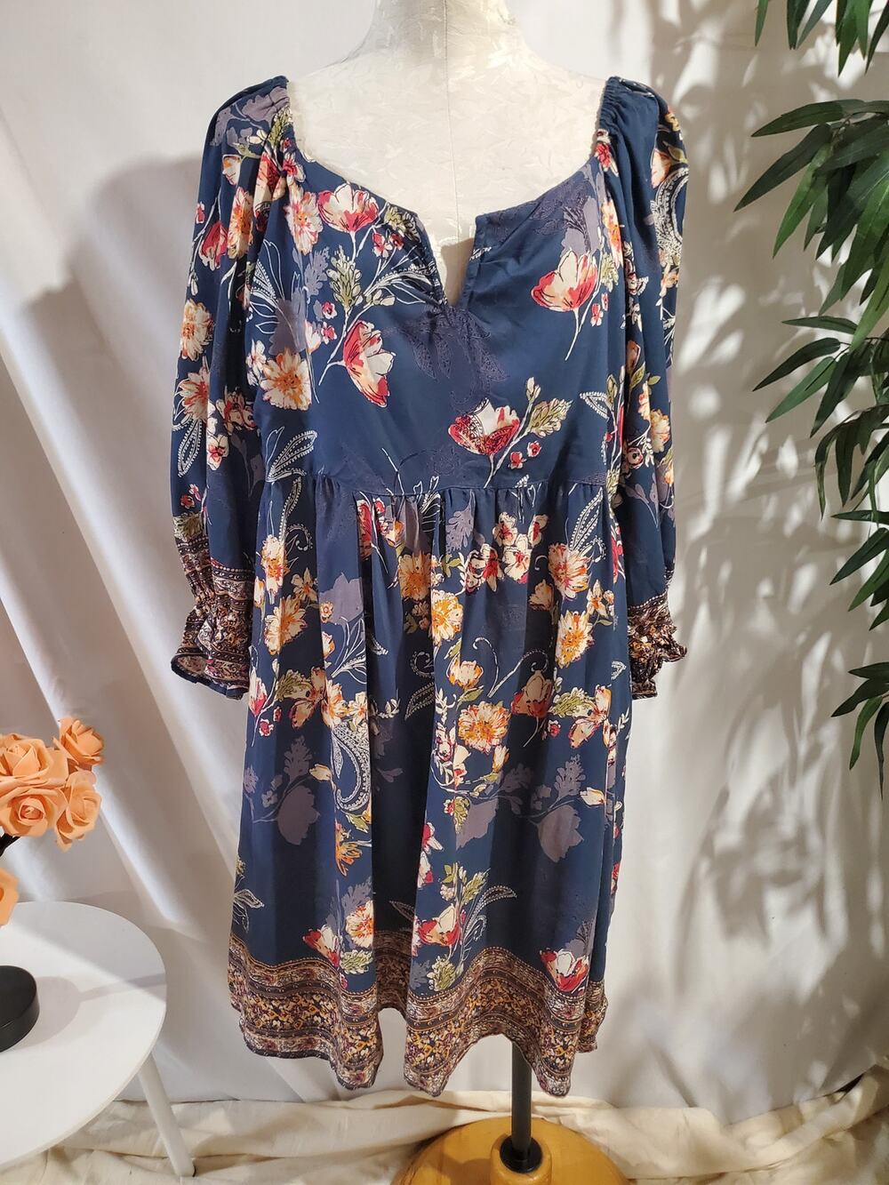 Angie Babydoll Floral Smocked Dress Plus Size 1X Blue Boho Hippie Cottagecore